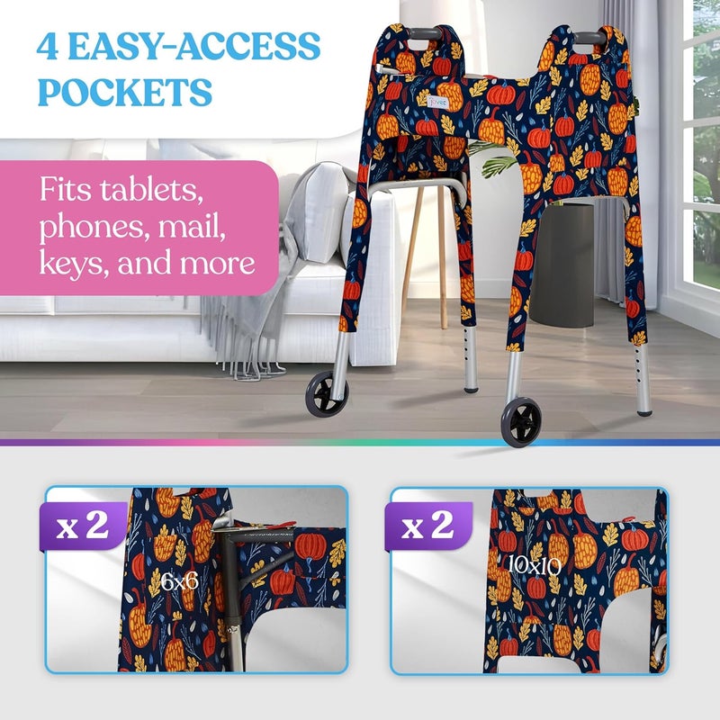 Jover – Walker Covers (Fall Festival) – Colorful Fabric Cover for Standard Folding Walker Mobility Aid with Pockets, Easy Fit Senior Walker Accessories, Washable Polyester, + Matching Storage Bag - Image 4
